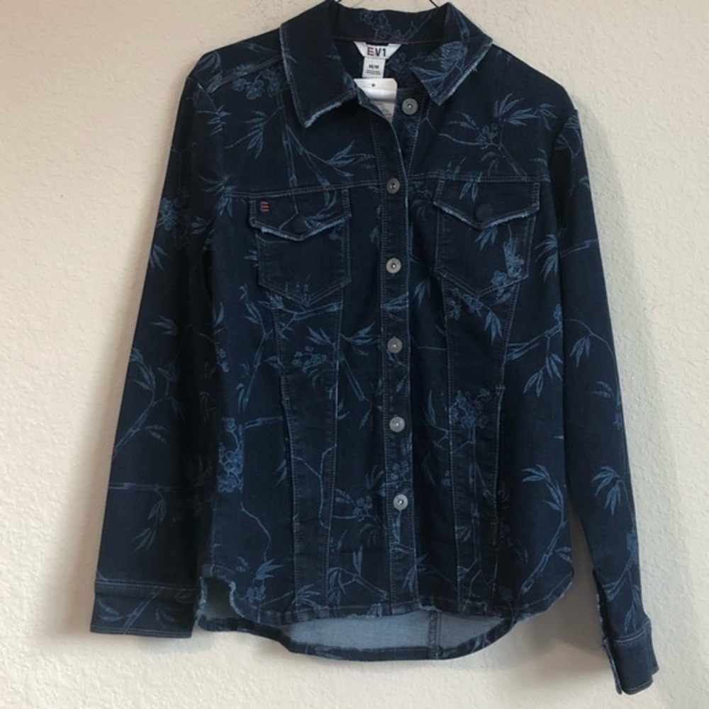 EV1 Jean Button Down Shirt Blue Denim Floral Tree Print Long Sleeve Trendy NWT